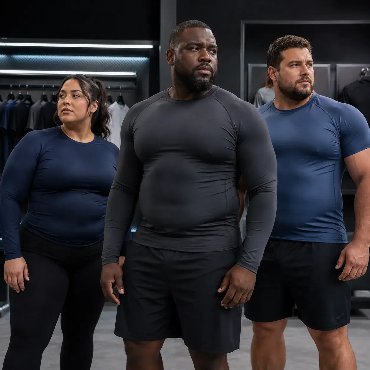 Three plus-size athletic models wearing fitted black and navy compression tops with performance bottoms in a modern sportswear showroom, showcasing inclusive extended-size activewear.